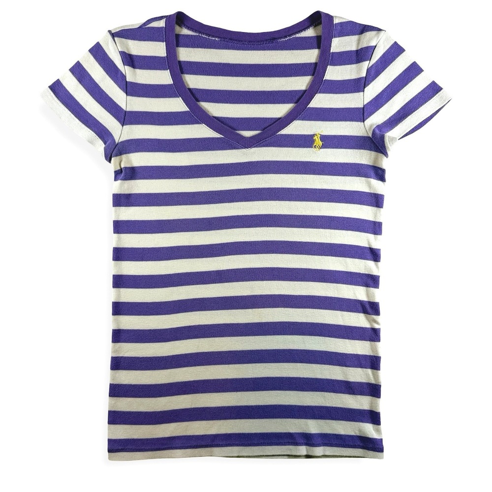 Ralph Lauren Womens Purple White Striped V-Neck T-Shirt Yellow Pony Logo A411